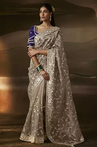 Beige zari organza with gotta patti  aari work designer saree
