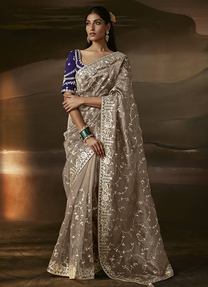 Beige zari organza with gotta patti  aari work designer saree