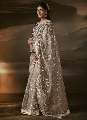 Beige zari organza with gotta patti  aari work designer saree 2
