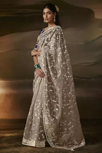 Beige zari organza with gotta patti  aari work designer saree