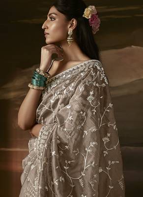 Beige zari organza with gotta patti  aari work designer saree 3