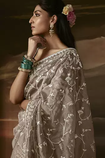 Beige zari organza with gotta patti  aari work designer saree
