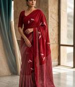 Maroon printed sarees with blouse piece