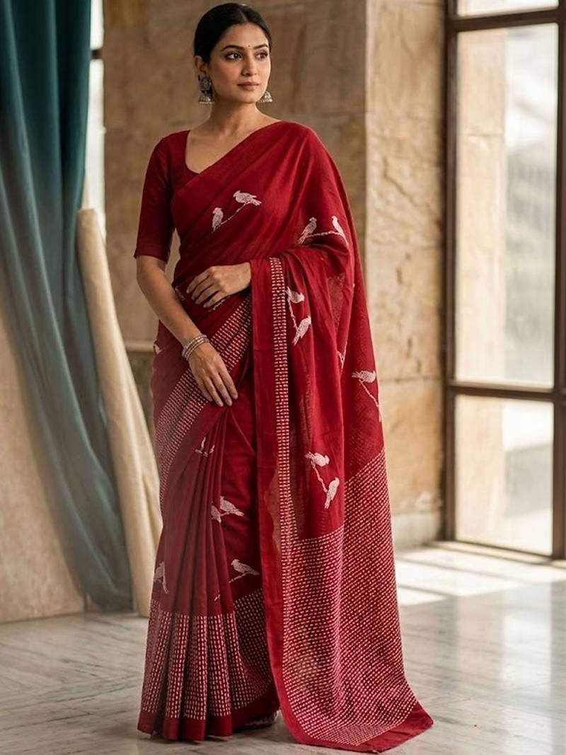 Maroon printed sarees with blouse piece