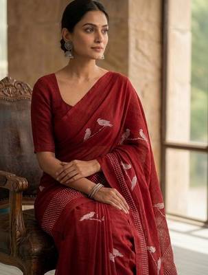 Maroon printed sarees with blouse piece 2