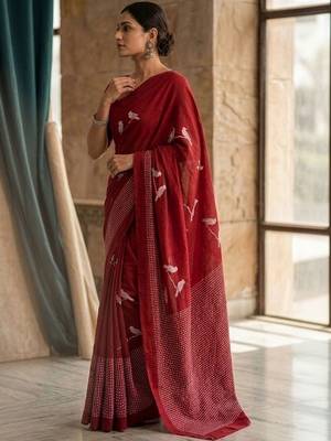 Maroon printed sarees with blouse piece 5