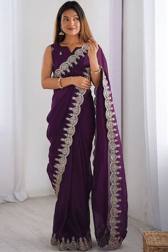 Purple shimmer chiffon sequence embroideried border blouse piece & sarees