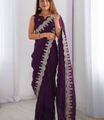 Purple shimmer chiffon sequence embroideried border blouse piece & sarees