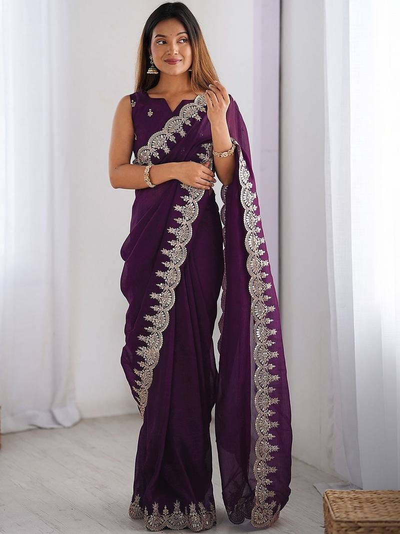 Purple shimmer chiffon sequence embroideried border blouse piece & sarees