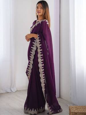 Purple shimmer chiffon sequence embroideried border blouse piece & sarees 2
