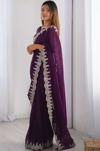 Purple shimmer chiffon sequence embroideried border blouse piece & sarees