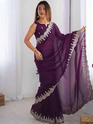 Purple shimmer chiffon sequence embroideried border blouse piece & sarees 3