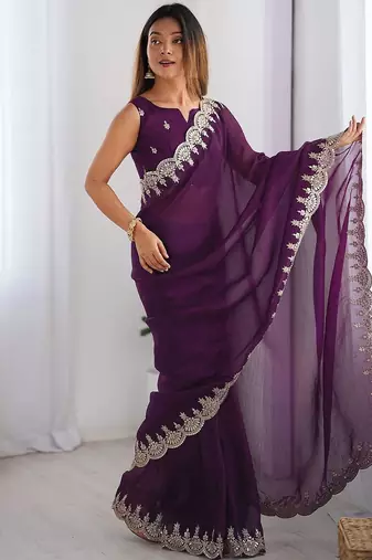 Purple shimmer chiffon sequence embroideried border blouse piece & sarees