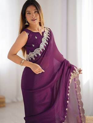 Purple shimmer chiffon sequence embroideried border blouse piece & sarees 4
