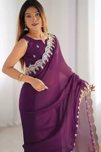 Purple shimmer chiffon sequence embroideried border blouse piece & sarees
