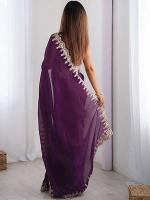 Purple shimmer chiffon sequence embroideried border blouse piece & sarees 5