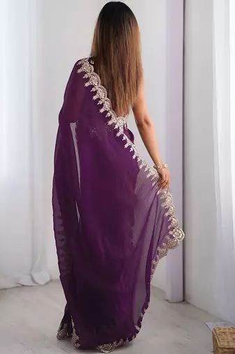 Purple shimmer chiffon sequence embroideried border blouse piece & sarees