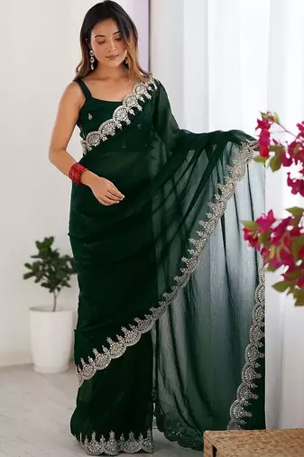 Green shimmer chiffon sequence embroideried border blouse piece & sarees