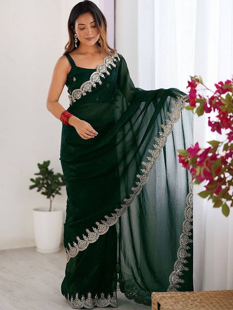 Green shimmer chiffon sequence embroideried border blouse piece & sarees