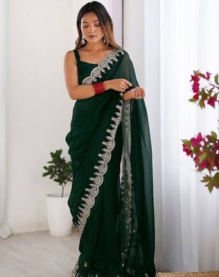 Green shimmer chiffon sequence embroideried border blouse piece & sarees 2