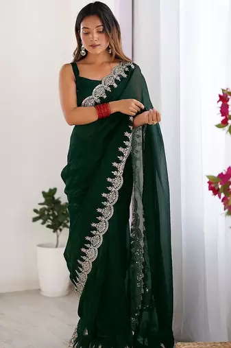 Green shimmer chiffon sequence embroideried border blouse piece & sarees