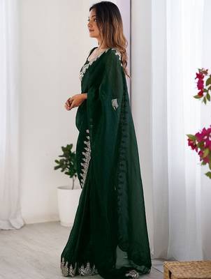Green shimmer chiffon sequence embroideried border blouse piece & sarees 3