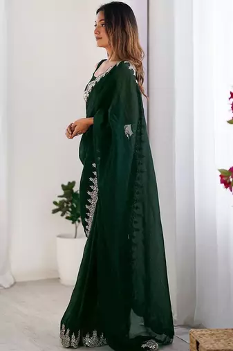 Green shimmer chiffon sequence embroideried border blouse piece & sarees