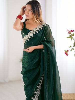 Green shimmer chiffon sequence embroideried border blouse piece & sarees 4