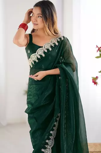 Green shimmer chiffon sequence embroideried border blouse piece & sarees
