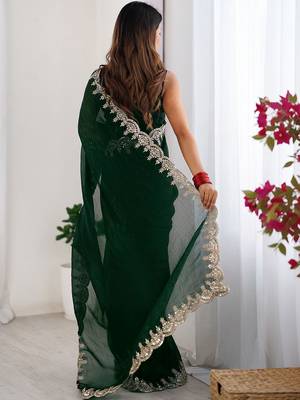 Green shimmer chiffon sequence embroideried border blouse piece & sarees 5