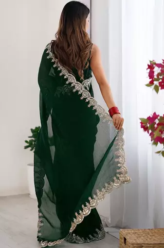 Green shimmer chiffon sequence embroideried border blouse piece & sarees