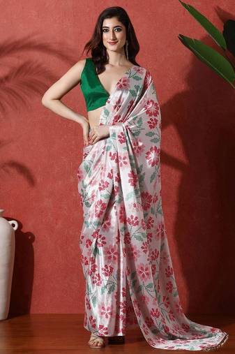 Off white ready to wear satin floral digital printed saree
