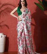 Off white ready to wear satin floral digital printed saree