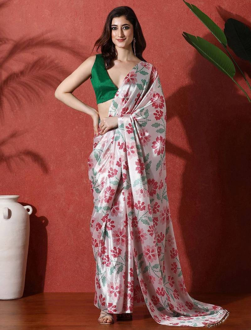 Off white ready to wear satin floral digital printed saree