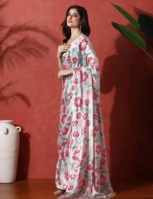 Off white ready to wear satin floral digital printed saree 2