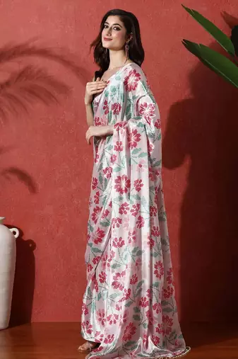 Off white ready to wear satin floral digital printed saree