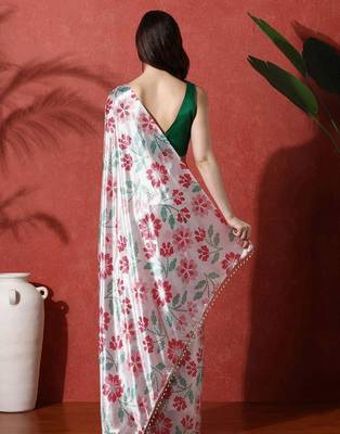 Off white ready to wear satin floral digital printed saree 3