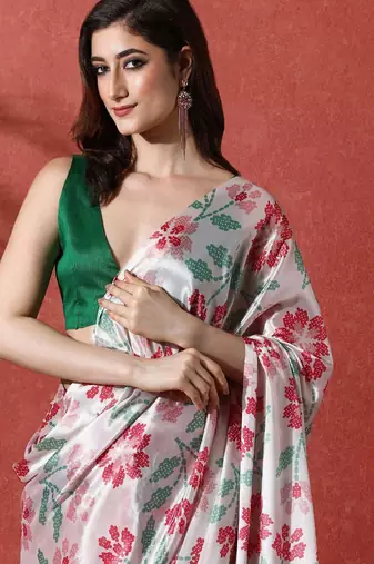 Off white ready to wear satin floral digital printed saree