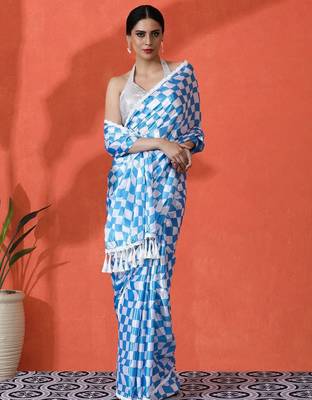 Blue embellished checked printed digital printed satin saree with blouse piece 1