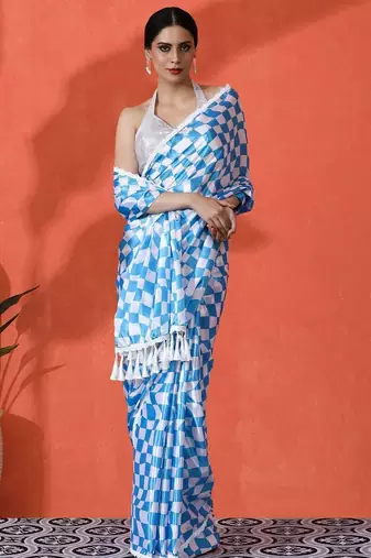 Blue embellished checked printed digital printed satin saree with blouse piece