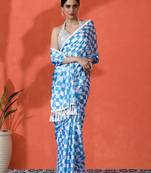 Blue embellished checked printed digital printed satin saree with blouse piece