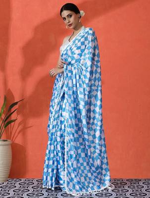Blue embellished checked printed digital printed satin saree with blouse piece 2
