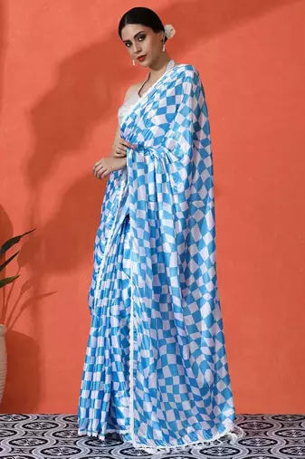 Blue embellished checked printed digital printed satin saree with blouse piece