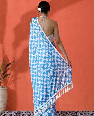 Blue embellished checked printed digital printed satin saree with blouse piece 3