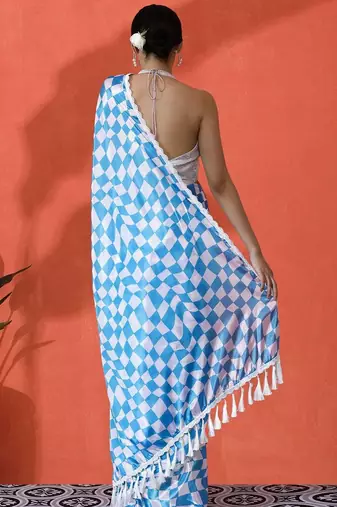 Blue embellished checked printed digital printed satin saree with blouse piece