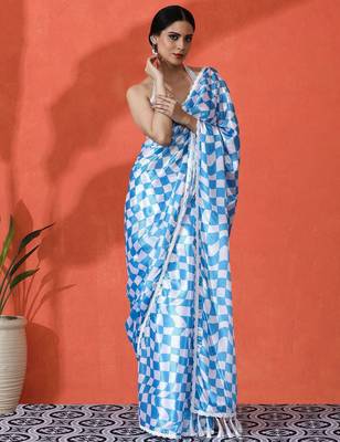 Blue embellished checked printed digital printed satin saree with blouse piece 4