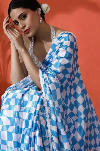Blue embellished checked printed digital printed satin saree with blouse piece