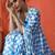 Blue embellished checked printed digital printed satin saree with blouse piece