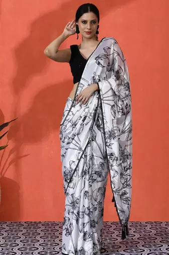 White embellished floral printed digital printed satin saree with blouse piece