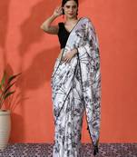 White embellished floral printed digital printed satin saree with blouse piece